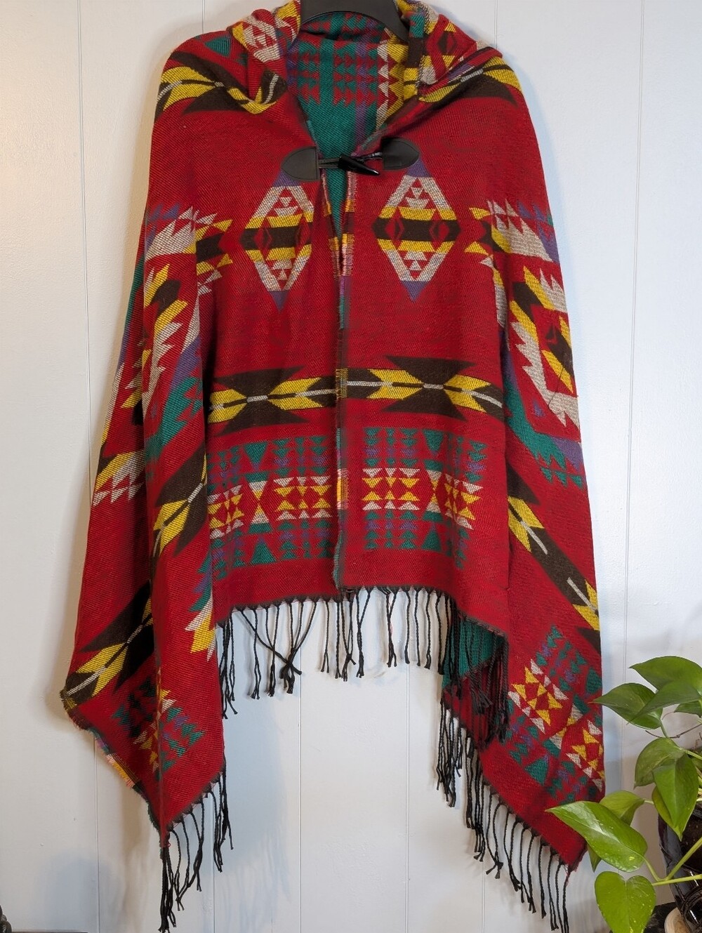 Red Geometric Hooded Fringe Cape